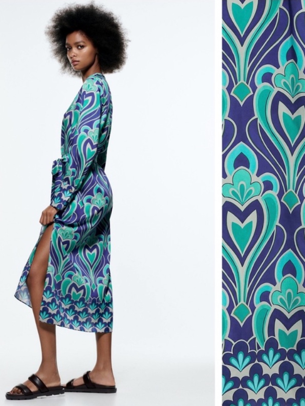 Zara Blue/Green Satin Effect Printed Midi Dress with Belt. Size XL